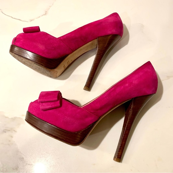Fendi authentic fuchsia peep toe bow platform stacked heel pump 38 size 8 - Picture 3 of 15